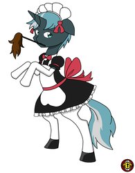 Size: 628x807 | Tagged: safe, artist:slockins101, oc, oc only, oc:idol hooves, changeling, fanfic:the changeling of the guard, bipedal, clothes, crossdressing, disguise, disguised changeling, duster, fanfic, fanfic art, maid, male, mouth hold, simple background, white background