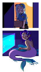 Size: 1134x2000 | Tagged: safe, artist:stevetwisp, starlight glimmer, trixie, human, mermaid, g4, alternate universe, aquarium, blushing, duo, humanized, light skin, mermaidized, sweatdrop, wet