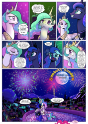 Size: 1358x1920 | Tagged: safe, artist:pencils, pinkie pie, princess celestia, princess luna, alicorn, pony, comic:sunbutt sunday, g4, breaking the fourth wall, comic, crown, crying, cute, dialogue, eyeshadow, feels, female, fireworks, floppy ears, fourth wall, happy new year, heartwarming, holiday, jewelry, love, makeup, mare, moon, peytral, pinkie pie out of nowhere, regalia, sisters, sitting, speech bubble, sweet dreams fuel, thought bubble, trio