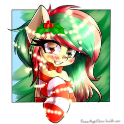 Size: 2000x2000 | Tagged: safe, artist:chaosangeldesu, oc, oc only, oc:amber (doctorcongoalt), pony, blushing, christmas, christmas lights, clothes, commission, heterochromia, high res, holiday, holly, socks, striped socks