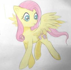 Size: 1243x1221 | Tagged: safe, artist:snail-in-the-soil, fluttershy, pegasus, pony, g4, female, looking at something, looking away, smiling, solo, spread wings, traditional art, turned head, wings