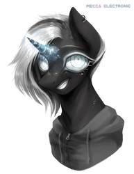 Size: 1414x1828 | Tagged: safe, artist:seamaggie, oc, oc only, oc:mecca electronic, pony, unicorn, bust, clothes, ear piercing, glowing horn, hoodie, horn, piercing, portrait