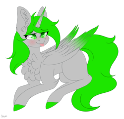 Size: 4148x4000 | Tagged: safe, artist:cat-chai, oc, oc only, oc:floresta oakwood, alicorn, pony, absurd resolution, blushing, chest fluff, colored wings, colored wingtips, female, mare, prone, simple background, solo, tongue out, transparent background