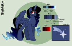 Size: 1700x1084 | Tagged: safe, artist:ipandacakes, oc, oc only, oc:nightfly, alicorn, pony, ethereal mane, female, mare, offspring, parent:king sombra, parent:princess luna, parents:lumbra, reference sheet, solo