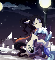 Size: 1600x1750 | Tagged: safe, artist:spookyle, oc, oc only, oc:saucy sweets, bat pony, earth pony, pony, blushing, cape, clothes, female, hug, lamppost, male, mare, night, stallion