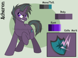 Size: 1663x1239 | Tagged: safe, artist:ipandacakes, oc, oc only, oc:acheron, pony, unicorn, male, offspring, parent:stygian, parent:tempest shadow, reference sheet, solo, stallion
