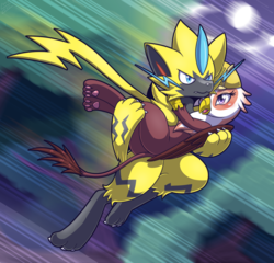 Size: 1456x1400 | Tagged: safe, artist:vavacung, gimme moore, griffon, zeraora, spoiler:pokémon, bridal carry, carrying, female, male, paw pads, paws, pokémon, spoilers for another series, story included