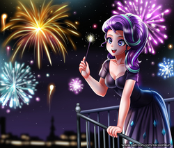 Size: 1300x1110 | Tagged: safe, artist:racoonsan, starlight glimmer, human, balcony, breasts, building, city, cleavage, clothes, cute, dress, female, fireworks, glimmerbetes, happy, happy new year 2018, horn, horned humanization, humanized, long nails, new year, new years eve, night, open mouth, smiling, solo