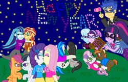Size: 1112x718 | Tagged: safe, artist:bigpurplemuppet99, button mash, dj pon-3, flash sentry, fluttershy, octavia melody, rarity, rumble, sci-twi, scootaloo, sonata dusk, starlight glimmer, sunset shimmer, sweetie belle, trixie, twilight sparkle, vinyl scratch, pony, equestria girls, g4, my little pony equestria girls: better together, female, happy new year 2018, hug, kiss on the lips, kissing, lesbian, male, new year, ship:flarity, ship:flashlight, ship:rumbloo, ship:sci-flash, ship:scratchtavia, ship:startrix, ship:sunata, ship:sweetiemash, shipping, straight
