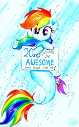 Size: 2121x3370 | Tagged: safe, artist:liaaqila, rainbow dash, seapony (g4), g4, my little pony: the movie, female, happy new year, happy new year 2018, high res, holiday, mare, seaponified, seapony rainbow dash, sign, smiling, solo, species swap, traditional art, underwater