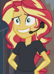 Size: 262x358 | Tagged: safe, screencap, sunset shimmer, equestria girls, g4, my little pony equestria girls: better together, opening night, opening night: sunset shimmer, animated, director shimmer, female, grin, microphone, nervous, nervous smile, smiling, solo