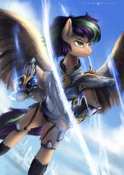 Size: 2480x3508 | Tagged: safe, artist:aidelank, oc, oc only, oc:ailan, pegasus, pony, armor, cloud, cloudsdale, flying, high res, rainbow