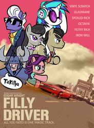 Size: 810x1108 | Tagged: safe, artist:dan232323, dj pon-3, filthy rich, gladmane, iron will, octavia melody, spoiled rich, vinyl scratch, earth pony, minotaur, pony, unicorn, g4, baby driver, car, dodge challenger, female, lesbian, male, mare, movie poster, nose piercing, piercing, police car, septum piercing, ship:scratchtavia, shipping, smiling, stallion