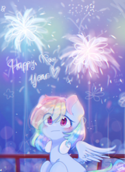 Size: 853x1170 | Tagged: safe, artist:windymils, rainbow dash, pegasus, pony, g4, cute, dashabetes, female, fireworks, happy new year, happy new year 2018, holiday, mare, multicolored hair, solo