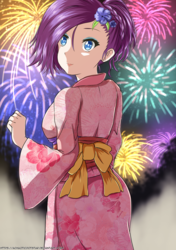 Size: 1024x1453 | Tagged: safe, artist:achaoticdotstar, rarity, human, g4, alternate hairstyle, clothes, cute, eyeshadow, female, fireworks, flower, flower in hair, happy new year, happy new year 2018, holiday, humanized, kimono (clothing), looking back, makeup, raribetes, short hair, smiling, solo