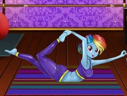 Size: 720x546 | Tagged: safe, rainbow dash, human, equestria girls, g4, armpits, ass, backbend, belly, big breasts, breasts, busty rainbow dash, butt, clothes, feet, flash game, flexible, happy, humanized, looking at you, midriff, needs more jpeg, pants, smiling, yoga, yoga pants