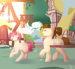 Size: 2800x2600 | Tagged: safe, artist:mah521, oc, oc only, oc:cotton candy, oc:sweet cake, pony, unicorn, cart, duo, female, high res, male, mare, offspring, parent:cheese sandwich, parent:pinkie pie, parents:cheesepie, running, siblings, stallion