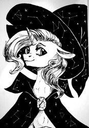 Size: 1500x2160 | Tagged: safe, artist:weird--fish, trixie, pony, unicorn, g4, black and white, cape, clothes, female, floppy ears, grayscale, hat, mare, monochrome, smiling, solo, traditional art, trixie's cape, trixie's hat