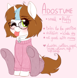 Size: 2409x2425 | Tagged: safe, artist:adostume, oc, oc only, oc:adostume, pony, unicorn, clothes, collar, female, fluffy, glasses, high res, mare, messy hair, reference sheet, sitting, small, solo, stockings, sweater, thigh highs, tongue out