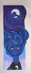 Size: 922x2160 | Tagged: safe, artist:weird--fish, princess luna, alicorn, pony, g4, bookmark, crescent moon, eyes rolling back, female, mare, moon, night, solo, stars, traditional art, white eyes