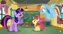 Size: 3000x1650 | Tagged: safe, artist:bepreeh, artist:brony250, apple bloom, rainbow dash, twilight sparkle, alicorn, pony, g4, alicornified, bloomicorn, chalkboard, clubhouse, crusaders clubhouse, race swap, request, teaching, twilight sparkle (alicorn)