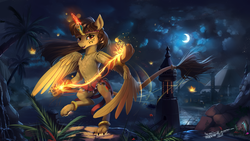 Size: 1920x1080 | Tagged: safe, artist:discordthege, oc, oc only, oc:katya ironstead, alicorn, pony, sphinx, alicorn oc, chest fluff, clothes, coast, commission, dancing, dress, egypt, egyptian, female, fire, magic, mare, moon, ocean, paws, pyramid, scenery, solo, sphinx oc, spread wings, wings