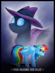 Size: 1506x2000 | Tagged: safe, artist:ruushiicz, mare do well, rainbow dash, pegasus, pony, g4, clothes, female, hat, looking back, mare, mask, multicolored hair