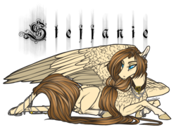 Size: 800x600 | Tagged: safe, artist:dementra369, oc, oc only, oc:steffanie, pegasus, pony, blackletter, bracelet, collar, female, jewelry, large wings, leonine tail, lidded eyes, lying, mare, necklace, prone, simple background, solo, transparent background, wings