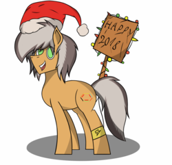 Size: 1779x1715 | Tagged: safe, artist:nguyendeliriam, oc, oc only, oc:deliriam, earth pony, pony, christmas, christmas lights, green eyes, happy new year, hat, holiday, santa hat, smiling, standing, synthetic hexagon cutiemark