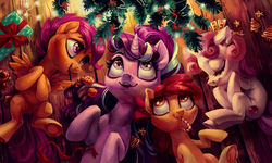 Size: 3833x2293 | Tagged: dead source, safe, artist:holivi, apple bloom, scootaloo, starlight glimmer, sweetie belle, earth pony, pegasus, pony, unicorn, g4, adorabloom, candy, candy cane, christmas, christmas tree, cookie, cute, cutealoo, cutie mark crusaders, diasweetes, eyes closed, female, filly, foal, food, glimmerbetes, high res, holiday, legs in air, looking up, mare, mouth hold, nom, on back, on floor, on side, open mouth, present, sleeping, smiling, tree, underhoof