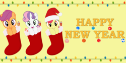 Size: 1000x500 | Tagged: safe, artist:agrol, apple bloom, scootaloo, sweetie belle, earth pony, pony, g4, adorabloom, christmas, christmas stocking, cute, cutealoo, cutie mark crusaders, diasweetes, female, filly, happy new year, hat, holiday, looking at you, santa hat, smiling