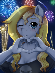 Size: 1500x2000 | Tagged: dead source, safe, artist:evomanaphy, oc, oc only, oc:evo, earth pony, anthro, anthro oc, breasts, cleavage, clothes, female, fireworks, happy new year, heart, heart hands, holiday, looking at you, mare, one eye closed, smiling, solo, wink