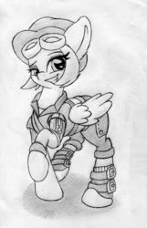 Size: 1620x2514 | Tagged: safe, artist:zemer, oc, oc only, pegasus, pony, fallout equestria, clothes, goggles, monochrome, solo