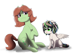 Size: 3102x2261 | Tagged: safe, artist:marukouhai, oc, oc only, oc:daisy, oc:stormie, earth pony, pegasus, pony, adopted offspring, female, filly, high res, offspring, parent:thunderlane, parent:tree hugger, parent:zephyr breeze, parents:zephyrhugger, sitting