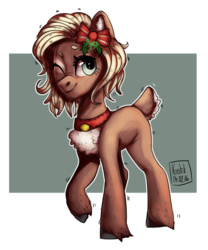 Size: 1850x2223 | Tagged: safe, artist:krotik, oc, oc only, deer, earth pony, hybrid, pony, bell, bow, chest fluff, collar, deer tail, hair bow, holly, one eye closed, smiling, solo, tail, wink