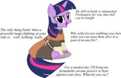 Size: 2000x1294 | Tagged: safe, twilight sparkle, pony, g4, clothes, cute, female, looking at you, mage, mercenary, raised eyebrow, reference, robe, simple background, sitting, skyrim, smiling, smirk, solo, text, the elder scrolls, transparent background, twiabetes, vector, wizard