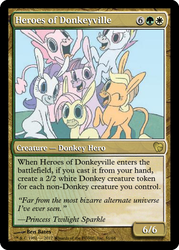 Size: 375x523 | Tagged: safe, applejack, fluttershy, pinkie pie, rainbow dash, rarity, twilight sparkle, donkey, g4, my little pony annual 2014, donkified, magic the gathering, mane six, mane six opening poses, my little donkey, species swap, trading card, trading card edit