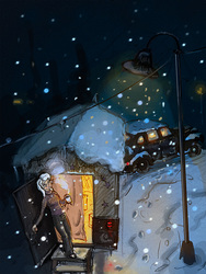 Size: 810x1080 | Tagged: safe, artist:agm, trixie, human, g4, automobile, buick, buick roadmaster, car, caravan, clothes, dark, female, humanized, lamppost, looking up, mug, new year, new years eve, night, pants, smiling, snow, snowfall, solo, steam, street lamp, sweater, trixie's wagon, wagon, wandering trixie, winter
