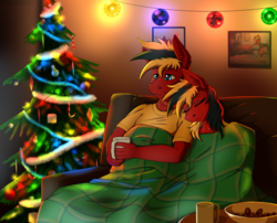 Size: 2600x2100 | Tagged: safe, artist:twotail813, oc, oc only, oc:gear, oc:twotail, anthro, rcf community, blanket, brother and sister, christmas, christmas tree, cookie, cute, female, food, happy new year, happy new year 2018, high res, holiday, male, tree