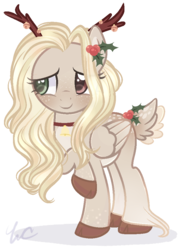 Size: 719x1000 | Tagged: safe, artist:waterz-colrxz, oc, oc only, oc:jingle bells, deer pony, original species, cloven hooves, female, heterochromia, holly, raised hoof, simple background, solo, transparent background