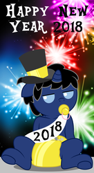 Size: 6000x11000 | Tagged: safe, artist:evilfrenzy, oc, oc only, oc:frenzy, pony, semi-anthro, 2018, absurd resolution, age regression, baby, baby pony, cloth diaper, diaper, fireworks, foal, happy new year 2018, hat, new year, pacifier, safety pin, sash, solo, top hat