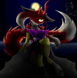 Size: 715x722 | Tagged: safe, artist:florarena-kitasatina/dragonborne fox, oc, oc only, oc:foxfire, fox, anthro, clothes, crooked horn, fan, fangs, female, floppy ears, gloves, glowing eyes, glowing eyes of doom, golden eyes, hair over one eye, half-changeling oc, horn, menacing, moon, ocean, ow the edge, rapeface, red and black oc, rock, sinister smile, slasher smile, slit pupils, socks, solo, staring into your soul, the fourth wall cannot save you, thigh highs, torn clothes, unshorn fetlocks, wat, watermark, what has magic done, what has science done