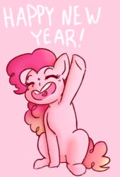 Size: 1080x1586 | Tagged: dead source, safe, artist:the-pastel-artisan, pinkie pie, earth pony, pony, g4, cute, dialogue, diapinkes, eyes closed, female, heart mouth, mare, new year, open mouth, pink background, raised hoof, simple background, sitting, smiling, solo