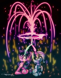 Size: 4825x6117 | Tagged: safe, artist:ferasor, starlight glimmer, trixie, pony, unicorn, g4, absurd resolution, cute, diatrixes, duo, female, fireworks, glimmerbetes, looking at each other, magic, mare, sitting, smiling