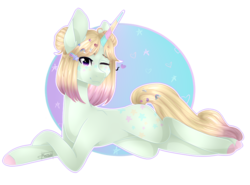 Size: 1866x1381 | Tagged: safe, artist:knaranayama, oc, oc only, oc:hitomi hoshi, pony, unicorn, female, mare, one eye closed, prone, solo, wink