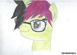 Size: 3128x2236 | Tagged: safe, oc, oc only, oc:green rage, pony, unicorn, bust, glasses, high res, male, solo, stallion, traditional art