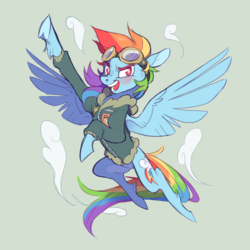 Size: 1050x1050 | Tagged: safe, artist:xenon, rainbow dash, pegasus, pony, g4, bomber jacket, clothes, cloud, female, flying, goggles, green background, mare, multicolored hair, simple background, smiling, solo, spread wings, unshorn fetlocks, wings