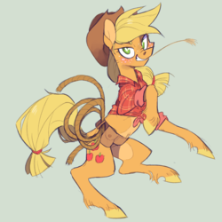 Size: 1050x1050 | Tagged: safe, artist:xenon, applejack, earth pony, pony, g4, clothes, cowboy hat, female, green background, hat, hay, lasso, mare, pale belly, plaid shirt, rope, simple background, solo, stetson, straw in mouth, toolbelt, unshorn fetlocks