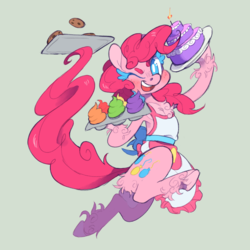 Size: 1050x1050 | Tagged: safe, artist:xenon, pinkie pie, earth pony, pony, apron, cake, chest fluff, clothes, cute, diapinkes, female, food, green background, hoof hold, mare, one eye closed, simple background, smiling, solo, unshorn fetlocks, wink