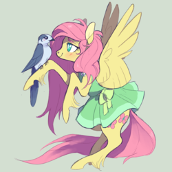 Size: 1050x1050 | Tagged: safe, artist:xenon, fluttershy, bird, pegasus, pony, g4, clothes, dress, female, green background, mare, simple background, solo, unshorn fetlocks